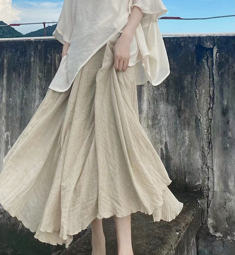 原创复古女式柔软双层棉纱春秋文艺范松紧腰半身长裙大摆
