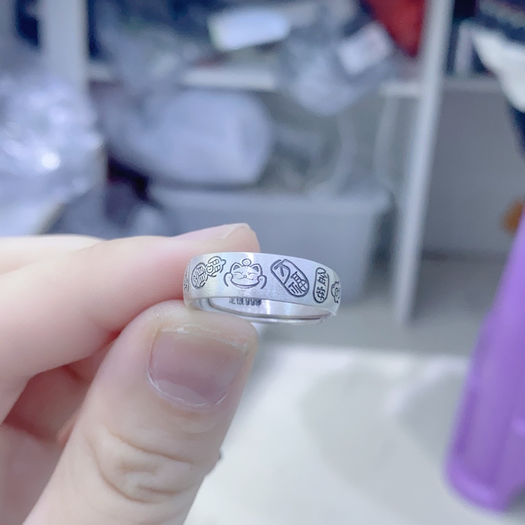足银999 吉言招财猫戒指女纯银开口指环