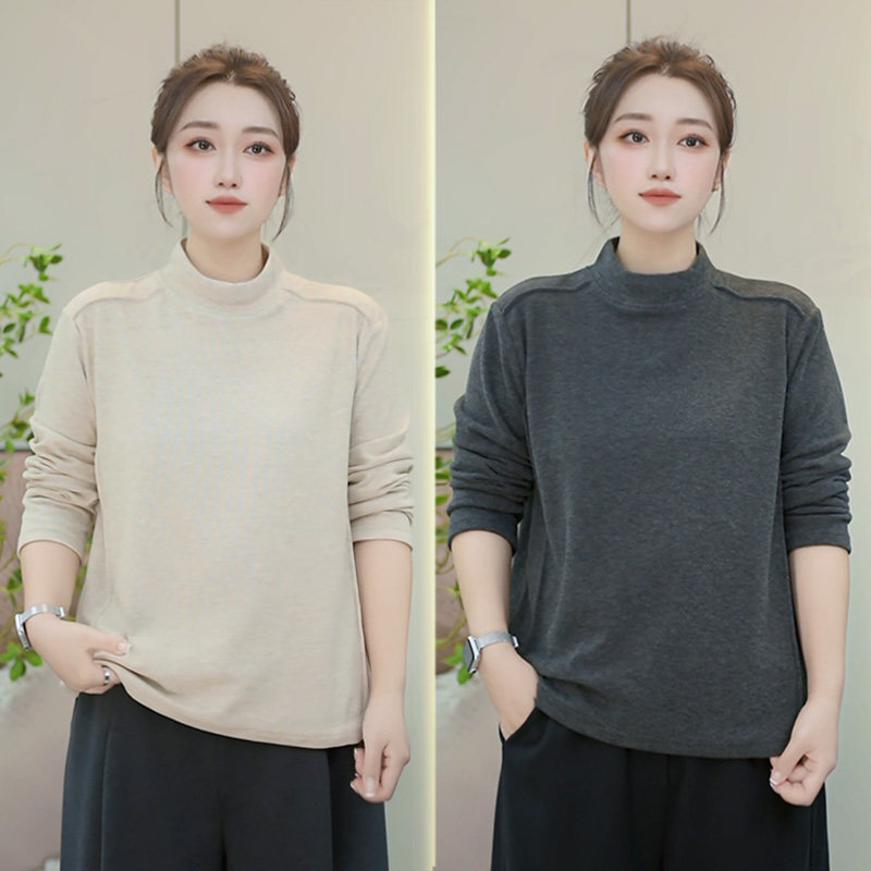 大码女装打底衫秋冬内搭半高领微胖宽松显瘦加绒长袖T恤保暖上衣