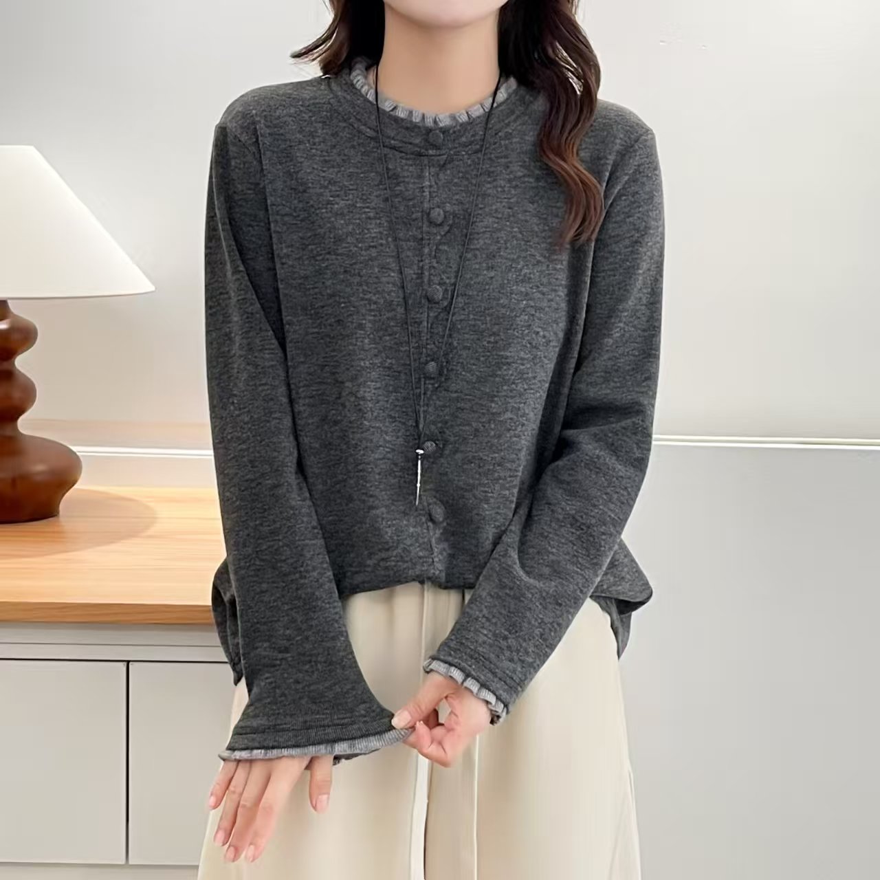 韩系温柔入秋衣服胖mm加大码女装秋冬季拼色木耳领长袖T恤打底衫