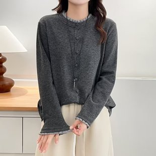 韩系温柔入秋衣服胖mm加大码女装秋冬季拼色木耳领长袖T恤打底衫