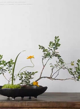 日式陶瓷花器剑山插花器皿中式禅意茶席花艺装饰摆件四脚船型花盘