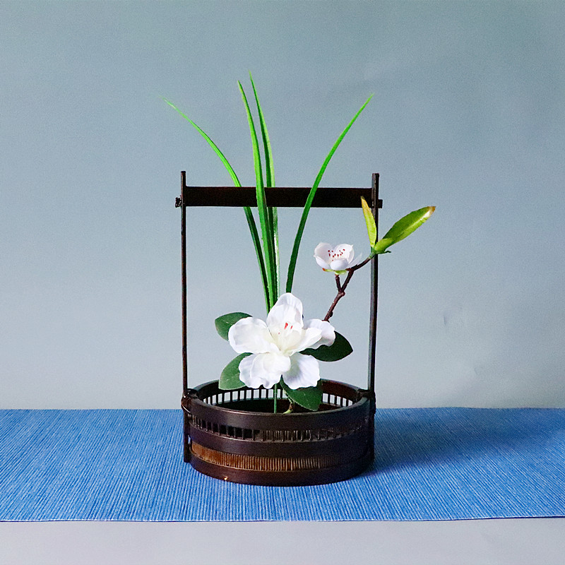 竹编花篮日式花器插花摆件复古中式茶席装饰花艺手提竹篮简易花道