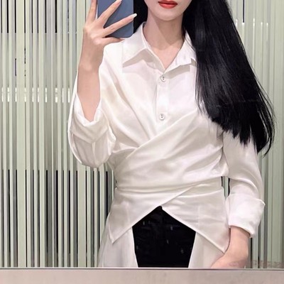 长袖缎面绑腰设计感衣摆衬衫高级