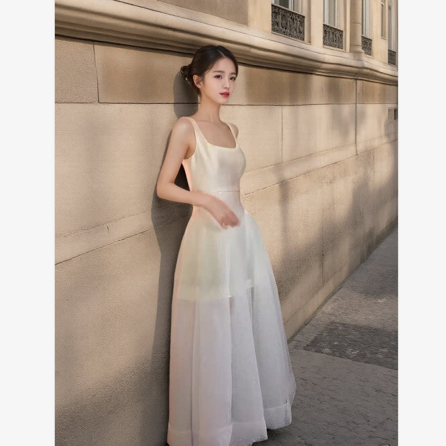 法式高级感初恋超长裙缎面网纱吊带背心裙礼服连衣裙女白色裙子