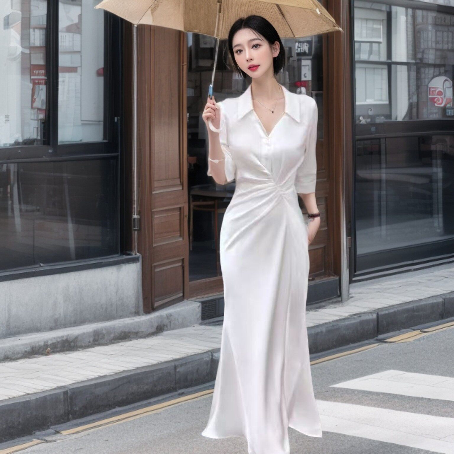高级通勤百搭春秋季长袖v领衬衫连衣裙气质女褶皱收腰显瘦鱼尾裙
