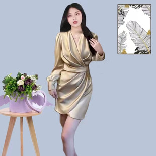 法式设计感 小众长袖金色流光缎面连衣裙女气质高级感短款褶皱裙