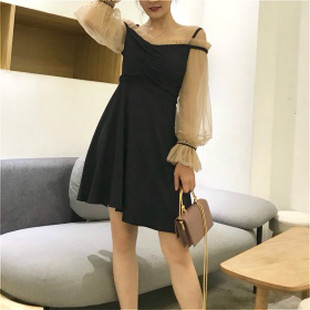 洋装小礼服女2025新款一字肩短款长袖子连衣裙智熏裙法式高腰a