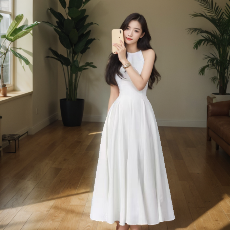 气质大裙摆挂脖削肩收腰长裙显瘦