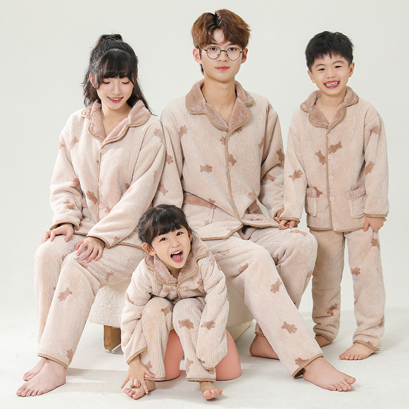 亲子装全家装一家三口四口家居服双层保暖母女母子父子法拉绒睡衣