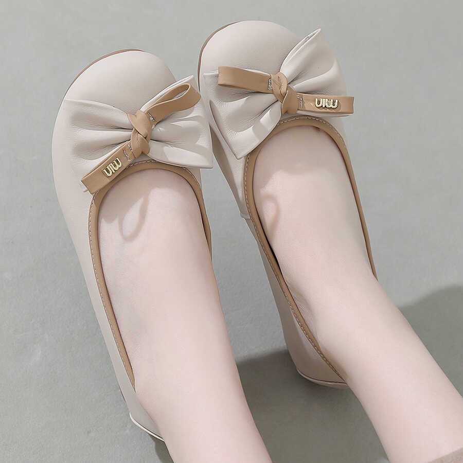 时尚舒适蝴蝶结头层牛皮女鞋软底