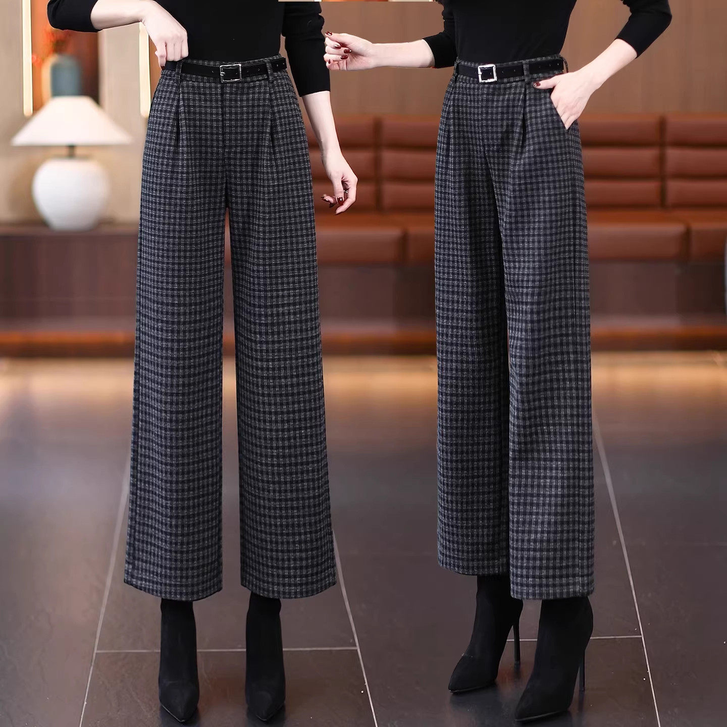 加绒九分毛呢阔腿裤女冬季2025新款高腰垂感加厚格子直筒西装裤子,女装/女士精品,大码裤装,淘宝优惠券,粉丝福利购,淘宝优惠卷