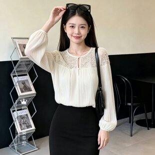 时尚重工钉珠长袖衬衫女士秋装新款蕾丝拼接绝美小衫轻奢洋气上衣