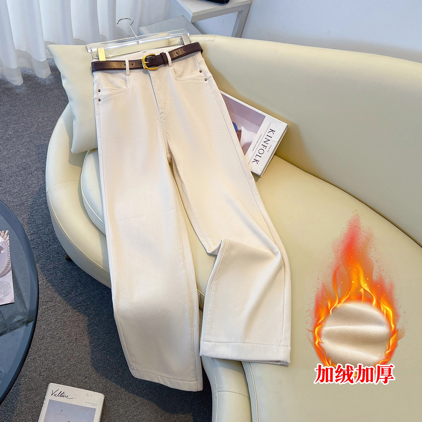 高端白色加绒牛仔裤女秋冬新款