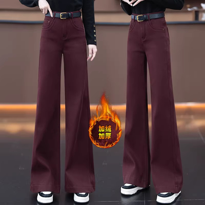 安可拉红窄版阔腿牛仔裤加绒女裤