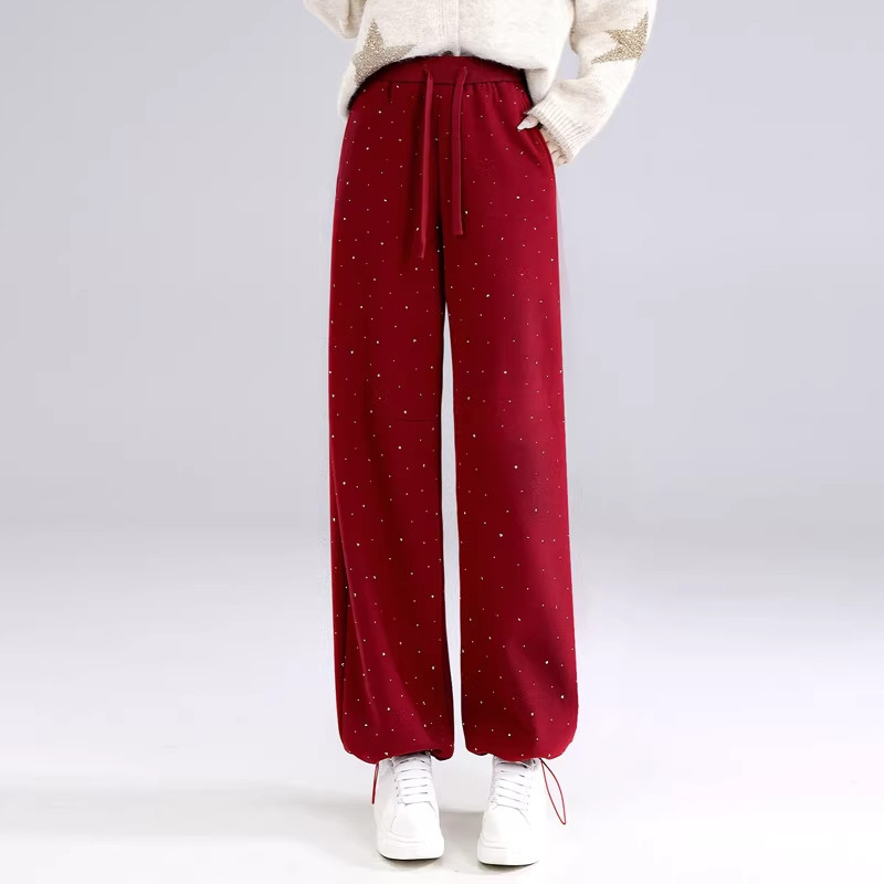亮片红色弯刀阔腿裤女加厚松紧腰宽松抽绳休闲裤舒适运动束脚卫裤,女装/女士精品,大码裤装,淘宝优惠券,粉丝福利购,淘宝优惠卷