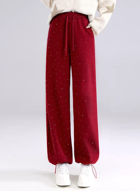 亮片红色弯刀阔腿裤女加厚松紧腰宽松抽绳休闲裤舒适运动束脚卫裤