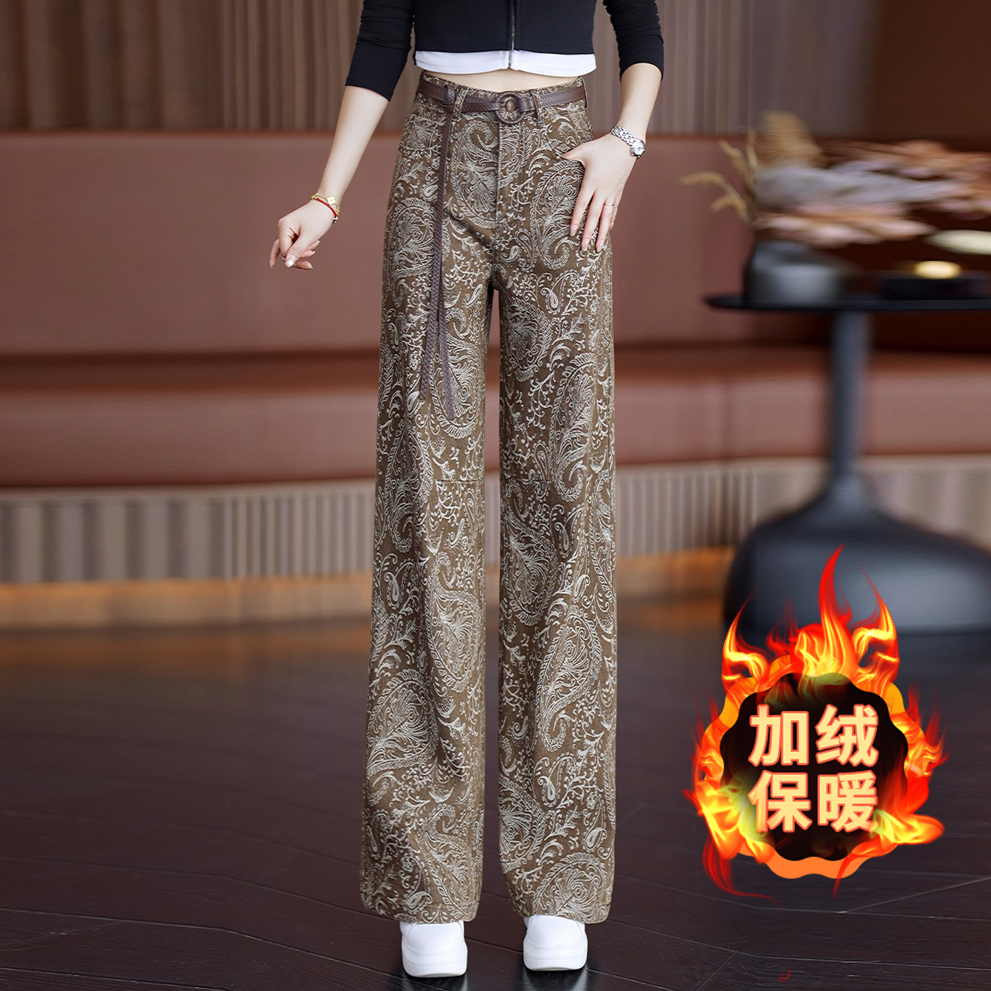 咖色印花加绒加厚阔腿牛仔裤女