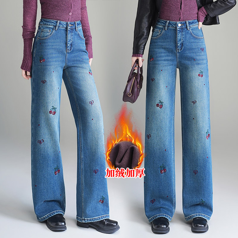 刺绣加绒阔腿牛仔裤女2025新款