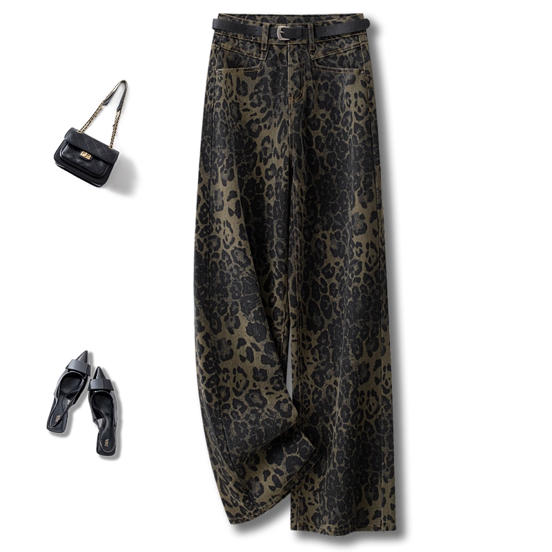 豹纹加绒阔腿牛仔裤女秋冬新款