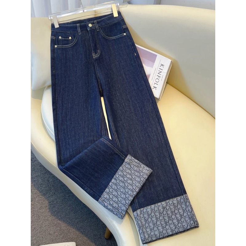 深蓝色复古直筒牛仔裤女2025新款