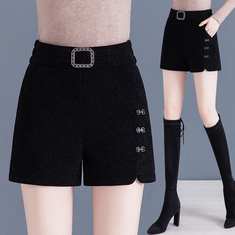 水貂绒短裤女春秋2025新款高腰宽松显瘦百搭黑色平绒外穿开叉靴裤