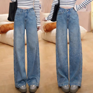 子 高腰宽松显瘦直筒阔腿香蕉裤 复古烫钻牛仔弯刀裤 女2026春秋新款