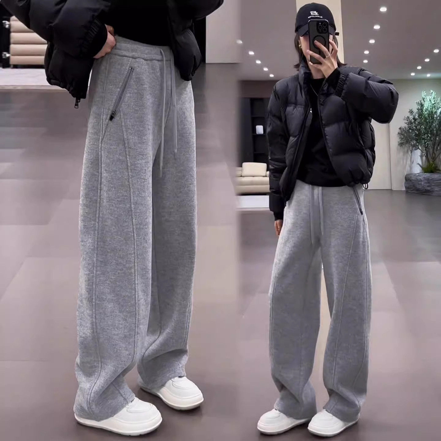 浅灰色毛呢窄版弯刀阔腿裤女2025冬季新款高腰垂感宽松休闲运动裤,女装/女士精品,大码裤装,淘宝优惠券,粉丝福利购,淘宝优惠卷