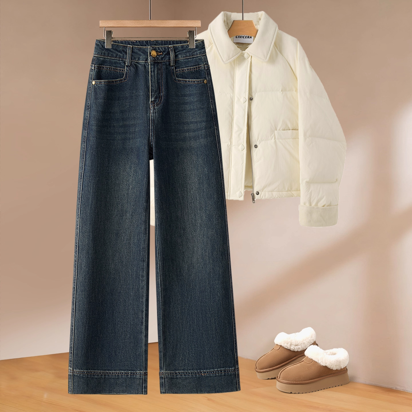 复古加绒阔腿牛仔裤女秋冬季新款