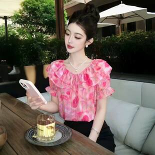 时尚一字肩荷叶边短袖衬衫女款夏季新款碎花衬衣甜美减龄洋气上衣
