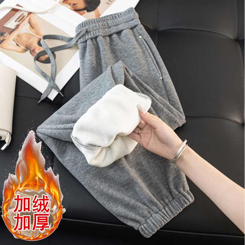 灰色小个子加绒束脚裤女2025秋冬