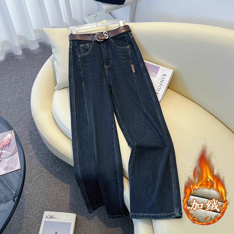 加绒加厚阔腿牛仔裤女秋冬新款