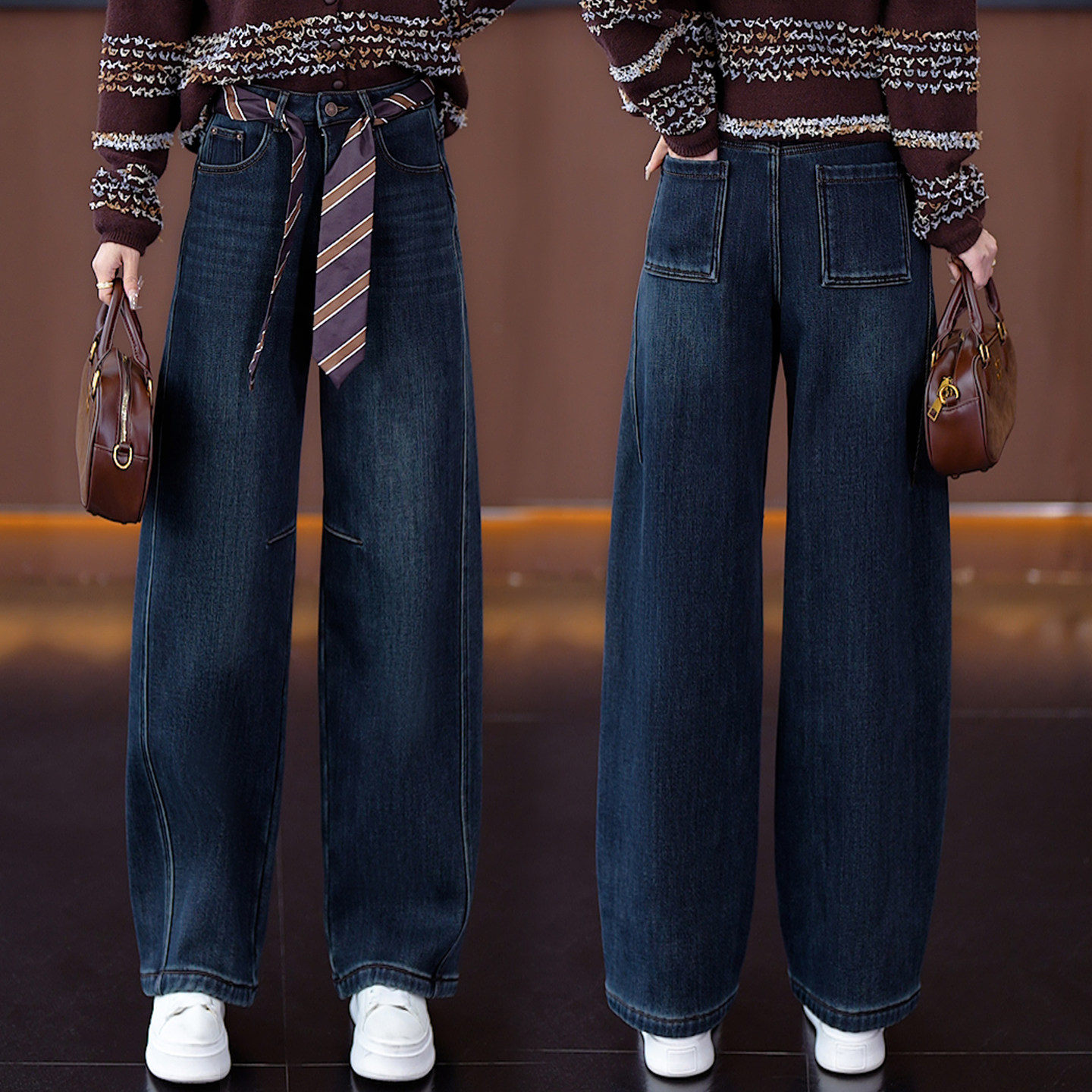 蓝色牛仔弯刀阔腿牛仔裤女秋冬