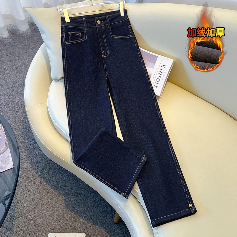 深蓝色加绒烟管牛仔裤女秋冬新款