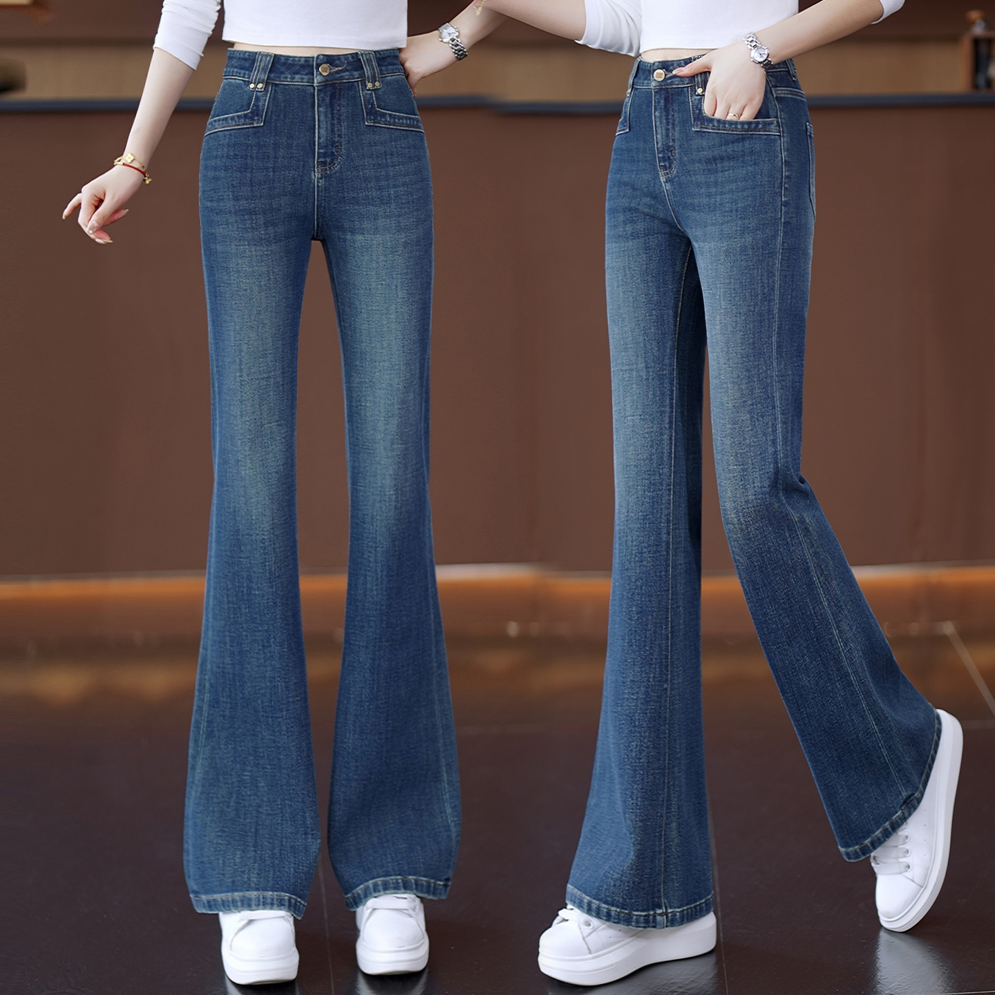 蓝色休闲微喇牛仔裤女2025秋冬