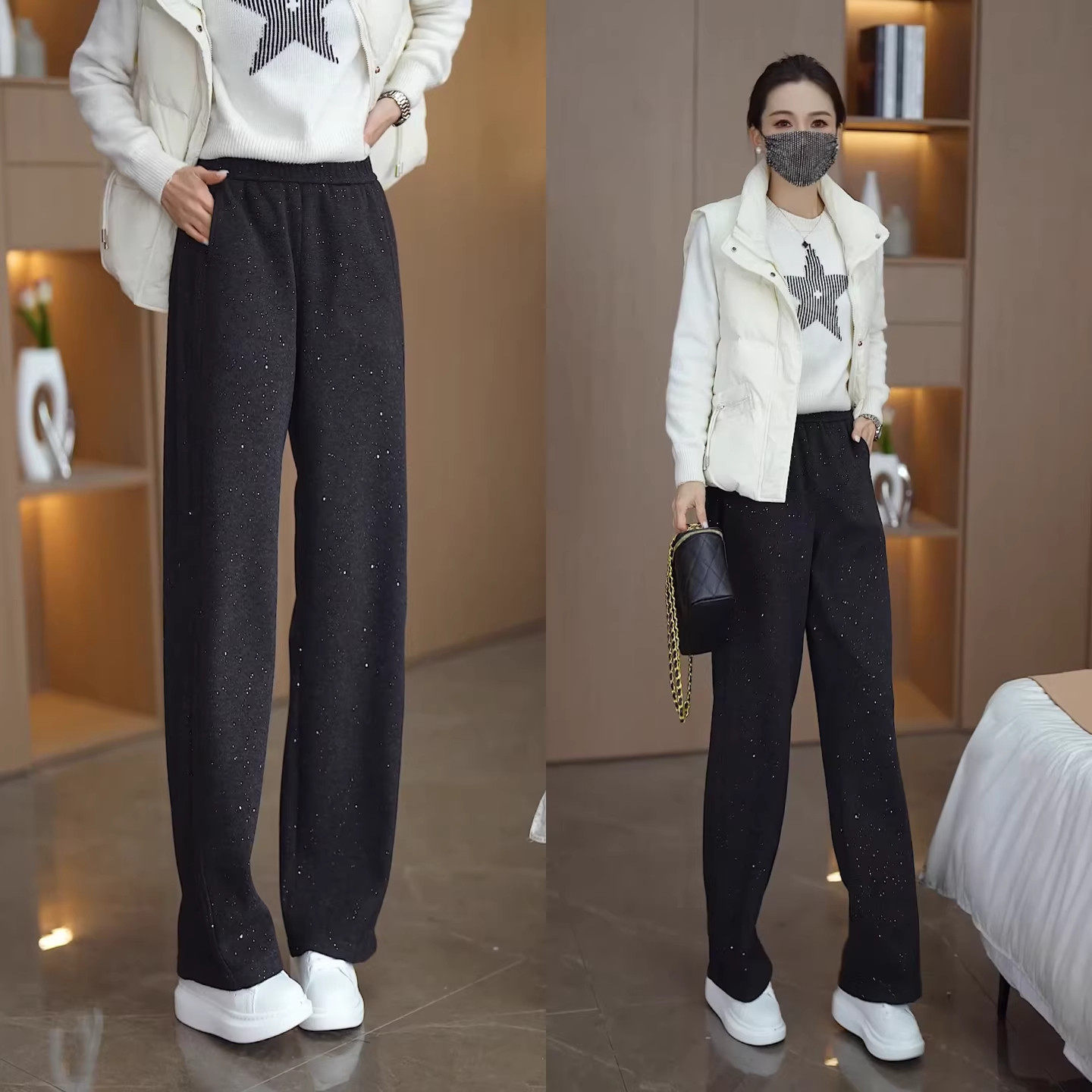 星光烫钻毛呢阔腿裤女冬款加绒加厚松紧腰休闲裤宽松保暖通勤长裤,女装/女士精品,大码裤装,淘宝优惠券,粉丝福利购,淘宝优惠卷
