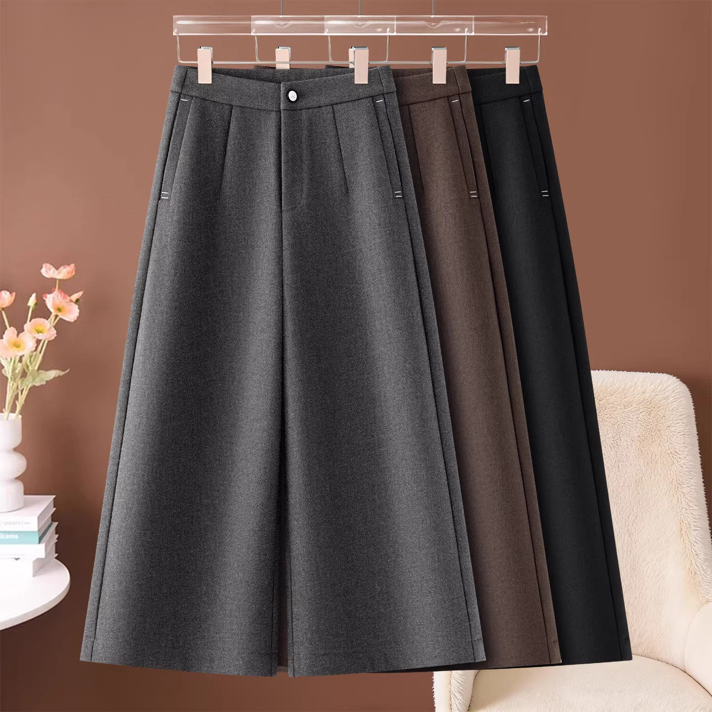 加绒加厚八分毛呢阔腿裤女秋冬季2025新款小个子高腰休闲直筒靴裤,女装/女士精品,大码裤装,淘宝优惠券,粉丝福利购,淘宝优惠卷