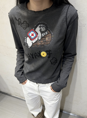 趣味立体小马刺绣圆领修身长袖T恤女套头短款上衣小个子