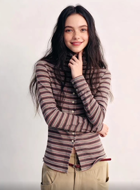 「正确版」条纹高领纽扣开衫修身显瘦长袖打底衫内搭上衣女T恤