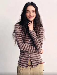 「正确版」条纹高领纽扣开衫修身显瘦长袖打底衫内搭上衣女T恤