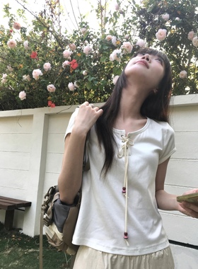 现货 初夏古早味简约纯棉白色T恤正肩短款小众特色T恤女