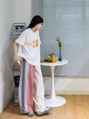 现货 艺术生穿搭重磅拼条纹格子夏季松弛慵懒风宽松阔腿裤女