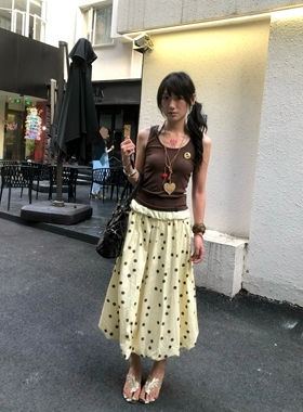 【现货】卷边不规则波点黄色长裙蓬蓬裙