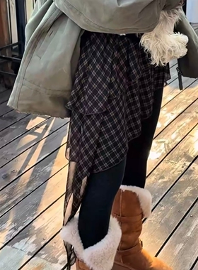 韩系复古双层格子半身裙帘女松紧腰百搭屁帘叠穿不规则中长屁帘