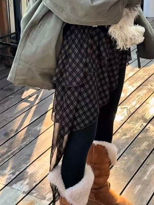 韩系复古双层格子半身裙帘女松紧腰百搭屁帘叠穿不规则中长屁帘