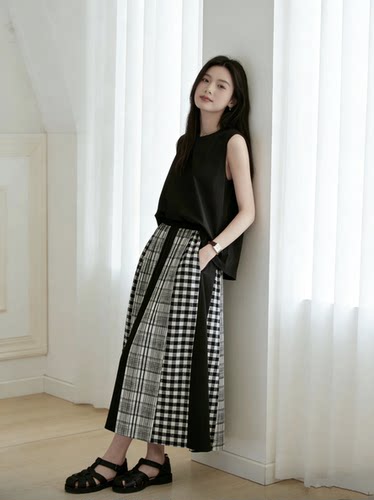 现货 日系复古格纹条纹多面料拼接松紧腰A字半身裙女重工中长裙