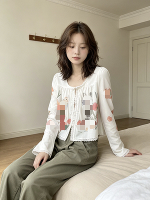 现货 2026秋季新款蕾丝花边猫咪印花衬衫女长袖开衫上衣