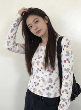 【现货】卡通印花修身长袖T恤女春装新款女短款小个子上衣打底