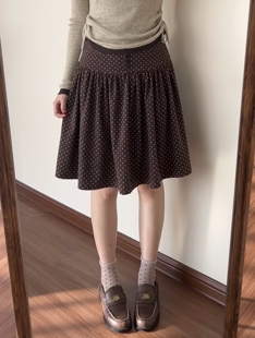 棕色波点半身裙女2026新款 韩系复古灯芯绒中裙蓬蓬A字裙 春季