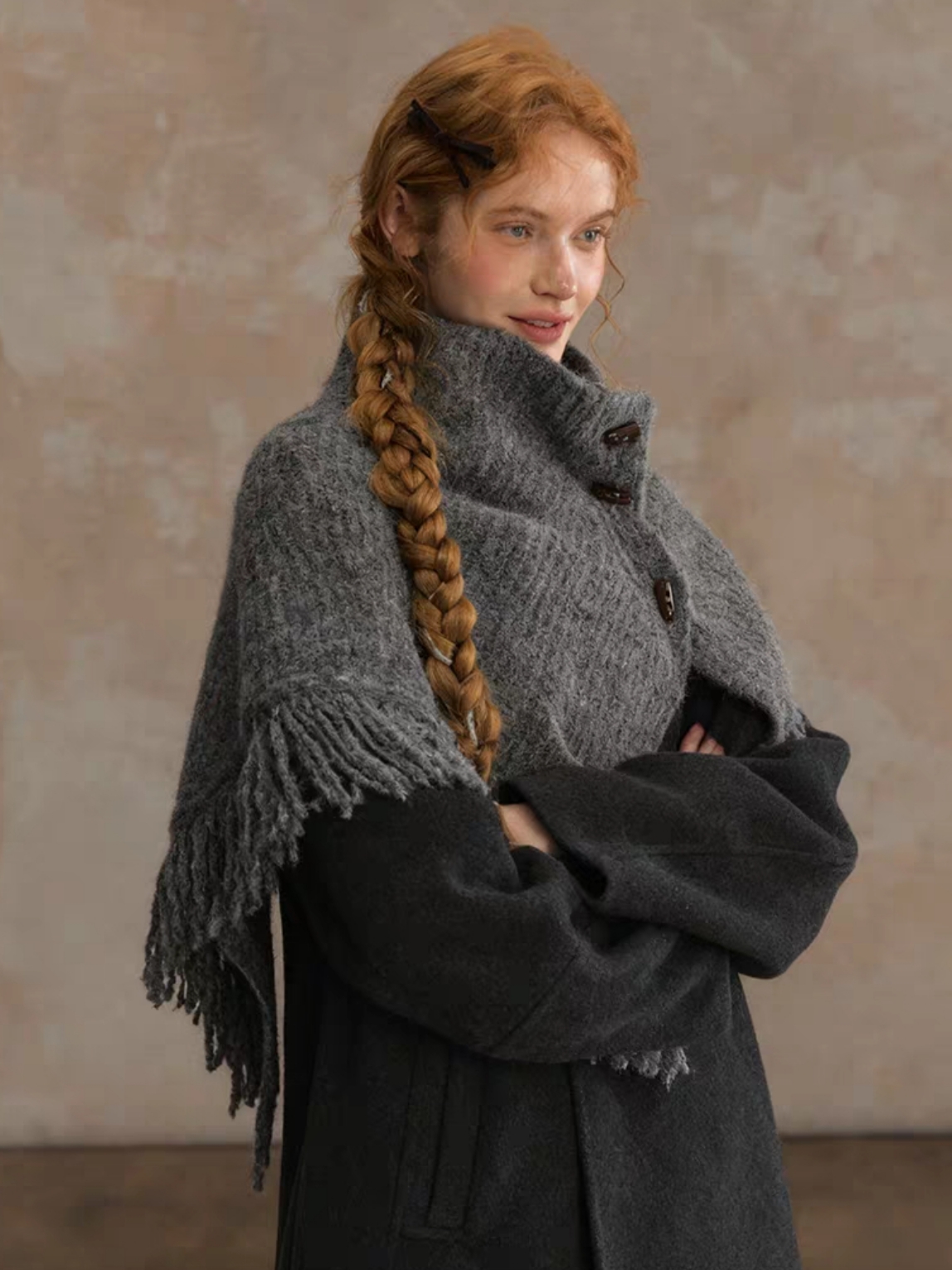 「半岛小镇」流苏毛线披肩女 羊毛针织外搭斗篷外套保暖披风